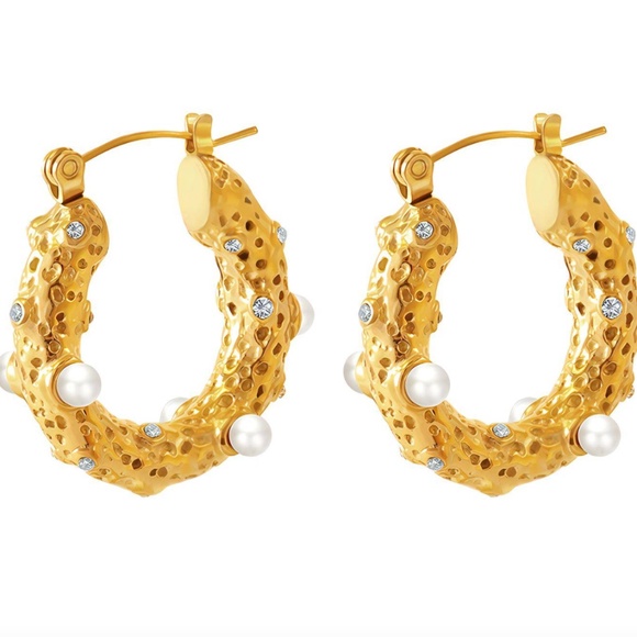 18K GOLD PLATED STAINLESS STEEL EARRINGS(HOOP&PEARL) - Picture 1 of 2